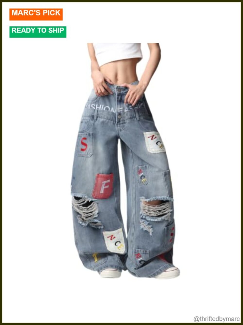 Women's Wide Leg Baggy Jeans Distressed Patchwork Streetwear Y2K Denim Pants